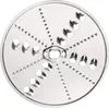 A close-up, top-down view of a metal food processor disc with various cutting and grating holes. Produktbild-Vorschau