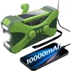 A green emergency radio with a solar panel and crank, connected to a smartphone. The radio has a flashlight on the front. Produktbild-Vorschau