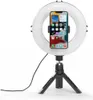 A ring light with a smartphone mounted in the center, placed on a tripod. Produktbild-Vorschau