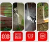 Collage of four images showing a pressure washer in use on different surfaces, with icons below. Produktbild-Vorschau
