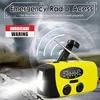 A yellow emergency radio with a flashlight and antenna is shown against a stormy background with a tornado and lightning. Text overlays advertise its emergency features. Produktbild-Vorschau