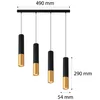 A product shot of a four-light pendant lamp with dimensions indicated. Produktbild-Vorschau
