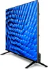A side view of a flat-screen television with a blue abstract pattern on its screen, resting on its stand. Produktbild-Vorschau