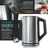 A product image showcasing a silver electric kettle with various features highlighted through text and smaller inset images of beverages. Produktbild-Vorschau