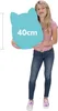 A young girl is holding a large teal plush toy that is shaped like a cat's head. The toy has '40cm' written on it in white text. The girl is wearing a pink shirt and blue jeans. The background is white. Voir les images du produit
