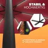 Marketing image for a patio umbrella, highlighting its stability, quality, and rust-free aluminum construction. Produktbild-Vorschau