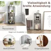 Collage showing a multi-tier shelf unit with plants and books, and lifestyle shots of the unit in a living room, balcony, and entryway. Produktbild-Vorschau