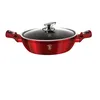 A red pot with a glass lid and silver handles, shown from the front on a white background. Voir les images du produit