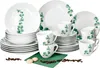 A set of white porcelain dishes and cups with a green eucalyptus leaf pattern, arranged on a white background. Podgląd zdjęcia produktu