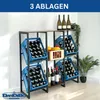 A metal and wood shelving unit designed to hold beverage crates and bottles, with some fruit and plants for decoration. Produktbild-Vorschau