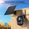 A solar-powered security camera mounted on a wooden wall, with a solar panel attached. Náhled obrázku produktu