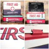 A collage of images showing vintage-style first aid and drugstore tins, with close-ups of text and hinges. Podgląd zdjęcia produktu