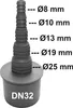 A gray plastic hose adapter with multiple stepped diameters, labeled with sizes and DN32. Podgląd zdjęcia produktu