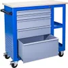 A blue and gray rolling tool cart with a wooden top. Produktbild-Vorschau