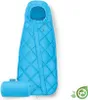 A bright blue sleeping bag with a hood, shown partially unzipped, with a small rolled-up bag next to it. A green leaf logo is in the bottom right corner. Produktbild-Vorschau