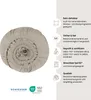 A rolled-up fitted sheet with informational icons and text on the right side. Produktbild-Vorschau