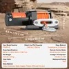 A winch is shown on a rocky, outdoor surface, with dimensions and specifications overlaid. Podgląd zdjęcia produktu