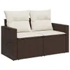 A brown poly rattan two-seater sofa with cream cushions, shown from a front-side angle against a white background. Podgląd zdjęcia produktu
