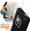 A person is using a laser distance measurer on a wall, with the product itself shown in close-up. Podgląd zdjęcia produktu
