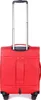 The back of a red trolley suitcase with a silver telescopic handle and black wheels. Produktbild-Vorschau