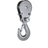 A close-up studio shot of a metal pulley with a hook. Náhľad obrázku produktu