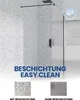 A shower enclosure with a textured wall and a brick wall in the background. Two smaller images at the bottom show water droplets on glass with and without a coating. Produktbild-Vorschau