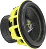 A yellow and black subwoofer is shown against a white background. Voir les images du produit