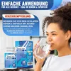 A woman drinks water while a product box and bottle are displayed. Produktbild-Vorschau
