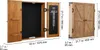 A wooden dartboard cabinet is shown open and closed, with dimensions indicated. Anteprima dell’immagine prodotto