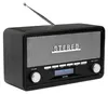 A black retro-style digital radio with a silver speaker grille and a small LCD screen. Voir les images du produit