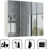 A white bathroom cabinet with mirrored doors, showing a reflection of a bathroom interior and a window with blinds. Produktbild-Vorschau