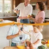 A collage of two scenes showing a family using an immersion blender in a kitchen setting. Produktbild-Vorschau