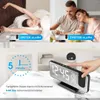 Collage showing a woman waking up, a couple having breakfast, and a hand interacting with a digital alarm clock. Produktbild-Vorschau