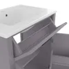 A close-up view of a gray bathroom vanity with a white ceramic sink, showing the open cabinet doors and shelves. Náhled obrázku produktu