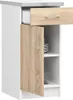 A tall, narrow kitchen cabinet with a drawer and a door revealing shelves. The cabinet has a white exterior and a light wood-grain interior and door. There is a stack of white plates on one shelf and some glassware on another. Podgląd zdjęcia produktu