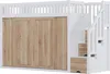 A close-up view of a white loft bed with wooden sliding doors and stairs with drawers. Voir les images du produit
