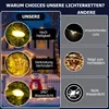 Comparison of 'our' and 'other' light chains, highlighting features like brightness, tangle prevention, and waterproofing. Produktbild-Vorschau