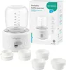 A white portable bottle warmer with a clear glass top and several white adapters in the foreground, next to its packaging. Produktbild-Vorschau