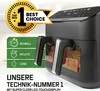 A black air fryer is shown with marketing text and icons highlighting its features. Produktbild-Vorschau