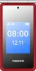 A close-up front view of a red flip phone displaying the time and date on its screen. Náhľad obrázku produktu