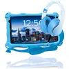 A blue tablet with headphones on top, set against a white background. Produktbild-Vorschau