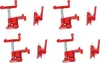 Four red pipe clamps are arranged in two rows of two on a white background. Produktbild-Vorschau
