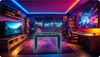 A modern game room with a multi-game table, large TV, computer setup, and colorful LED lighting. Produktbild-Vorschau