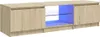A long, low TV stand with a wood-grain finish and blue LED lighting in the open shelves. Produktbild-Vorschau