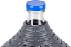 Close-up of the top of a glass bottle with a blue cap and a gray plastic protective cage. Produktbild-Vorschau