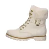 A white women's boot with fur trim and gold accents, shown from the side against a white background. Produktbild-Vorschau