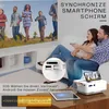 A couple is sitting on a couch watching a projection from a mini projector. A smartphone is connected to the projector. Produktbild-Vorschau