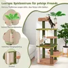 A multi-level cat tree with two cats playing on it, surrounded by decorative elements and text. Náhľad obrázku produktu