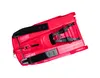 A red plastic sled with black accents, shown from an underside view against a white background. Produktbild-Vorschau