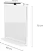 A white rectangular bathroom mirror with a shelf and a black LED light bar mounted on top, with dimensions indicated. Produktbild-Vorschau